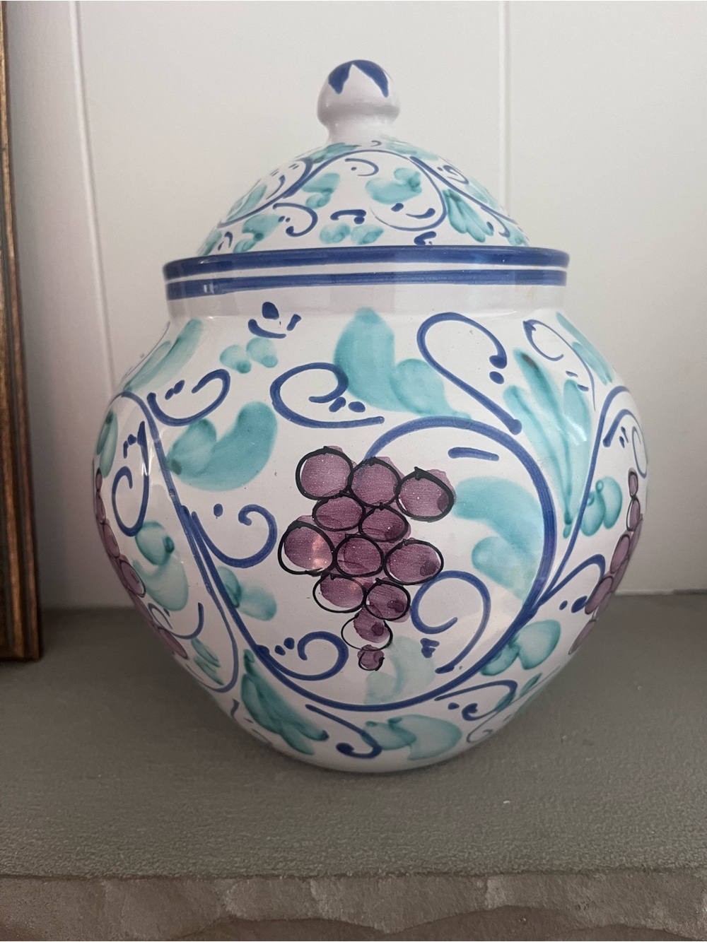 Vintage Vietri Italy Hand Painted Ceramic "Caffe" Lidded Canister - Grape & Vine